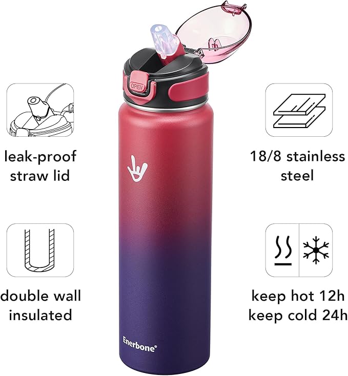 Enerbone 32 oz Insulated Water Bottle, Stainless Steel Bottle with Carrying Strap, Double-Wall Vacuum Insulation Design, Leakproof Sports Bottle with Straw, Keep Drinks Cold or Hot for Hours-PawvioPets