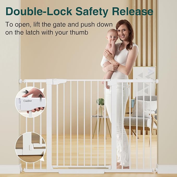 Cumbor 36" Extra Tall Baby Gate for Stairs, 29.7-54.2" Extra Wide Dog Gate for Doorways Hallways, Pressure Mounted Child Gate for Wide Opening, Auto Close Personal Safety for Babies and Pets, White-PawvioPets