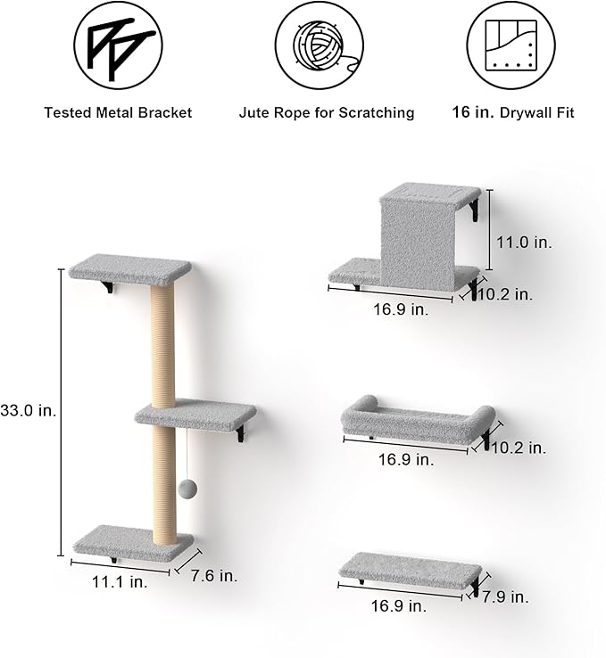 FUKUMARU Cat Wall Shelves, Stable & Safe 4 in 1 Cat Furniture Set, Wooden Climbing Wall with Scratching Post for 16 Inch Drywall - Light Gray-PawvioPets