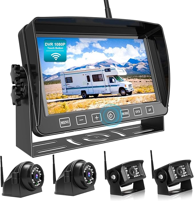 Fookoo HD 7" Wireless Backup Camera System, 1080P 7" Quad Split Screen Monitor, IP69 Waterproof Side Rear View Cameras, Parking Lines, Loop Recording, Digital Signal for RV/Trailer/Truck/Bus (DW7T4)-PawvioPets