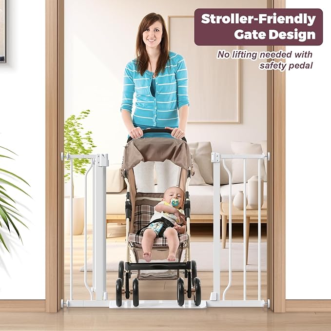 29"-40" Baby Gate for Stairs, Auto Close Stroller Friendly Dog Gate Indoor for Doorways, Pressure Mounted Baby Gate, Easy Walk Through Gate for Children & Pets, White-PawvioPets