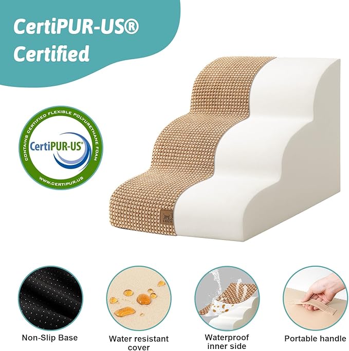 Dog Stairs for Small Dogs 15.7" H, Curved Dog Step for Puppy, Older Cat, Medium Pet Ramp for Sofa, Couch or Chair, Ladder with High Density Foam, 15.7x22.4x15.7 inch, 3 Step, Light Brown-PawvioPets