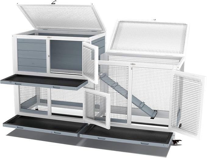 GDLF Two Floors 58" Wooden Indoor Bunny Hutch Rabbit Cage on Wheels Guinea Pig PET House for Small to Medium Animals Waterproof No Leak Tray-PawvioPets