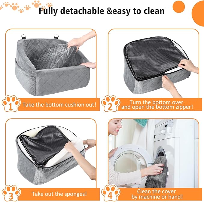 Dog Car Seat for Small Dogs,Detachable Washable Dog Booster Seat for Medium Dogs Under 30lbs, Pet Car Seat Travel Bed with Storage Pockets and Dog Safety Belt (Grey)-PawvioPets