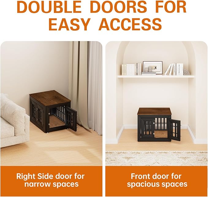 26" Heavy Duty Dog Crate Furniture for Small,Medium and Large Dogs,Rustic Wooden Dog Cage Kennel Indoor Furniture with Waterproof Top,Decorative Pet House Side End Table (Black & Wood)-PawvioPets