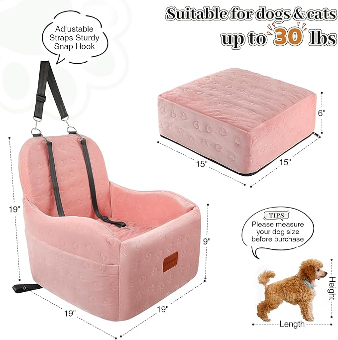 Dog Booster Car Seat for Small/Medium Dogs,Soft Puppy Portable Car Seat with Elevated Cushion,Fits in Front/Back Seat,Fully Detachable and Washable,Easy to Install (Pink, Medium)-PawvioPets