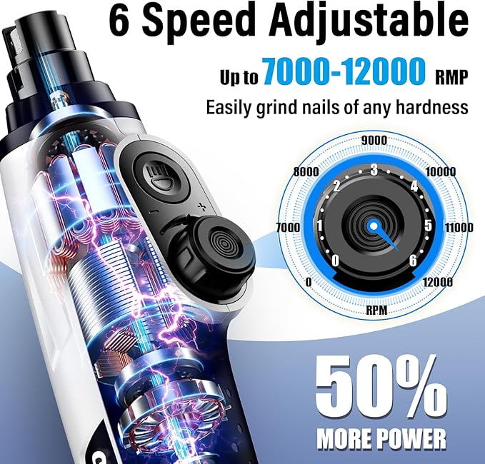 Casfuy Smart 6-Speed Dog Nail Grinder - 50% More Power Pet Nail Grinder with 2 LED Lights Quiet Rechargeable Electric Dog Nail Trimmers File Toenail Grinder for Large Medium Small Dogs & Cats (White)-PawvioPets