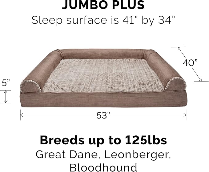 Furhaven Cooling Gel Dog Bed for Large Dogs w/ Removable Bolsters & Washable Cover, For Dogs Up to 125 lbs - Luxe Faux Fur & Performance Linen Sofa - Woodsmoke, Jumbo Plus/XXL-PawvioPets