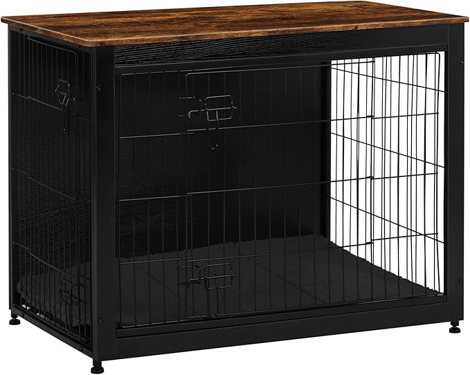 DWANTON Dog Crate Furniture with Cushion, Wooden Kennel Table with Double Doors, Indoor Dog House, Large Size, 38.5" L, Black+Rustic Brown-PawvioPets