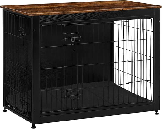 DWANTON Dog Crate Furniture with Cushion, Wooden Kennel Table with Double Doors, Indoor Dog House, Large Size, 38.5" L, Black+Rustic Brown-PawvioPets