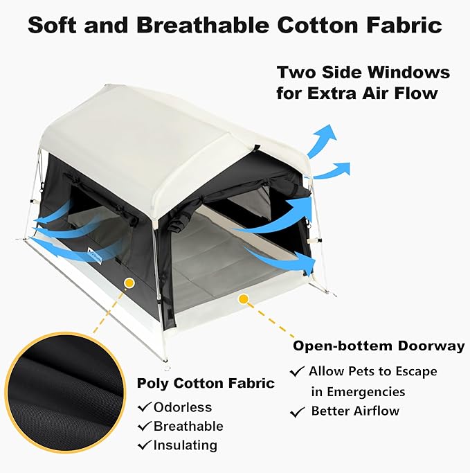 Dog Tent Cotton Fabric, Aluminum Poles and Camping Mat, Outdoor Weatherproof, Dog House Outdoor, Breathable with 2 Side Windows, Portable and Collapsible (Black, Large)-PawvioPets
