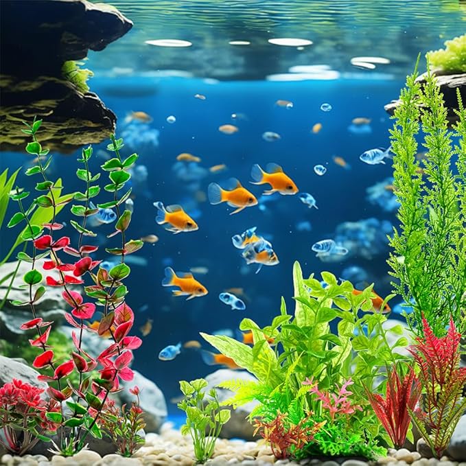 18-Piece Artificial Aquarium Plants Decorations – Large Set with Red & Green Foliage, Fish Tank Decor for Betta, Goldfish, Freshwater & Saltwater Tanks, Weighted Bases-PawvioPets
