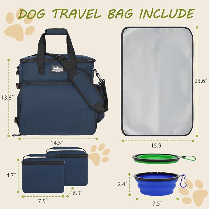 Dog Travel Bag Airline Approved–Pet Travel Tote with Collapsible Bowls,Food Containers & Feeding Mat–Multi-Pocket Organizer for Dogs & Cats, Durable & Water-Resistant for Hiking,Trips,Outdoors-PawvioPets
