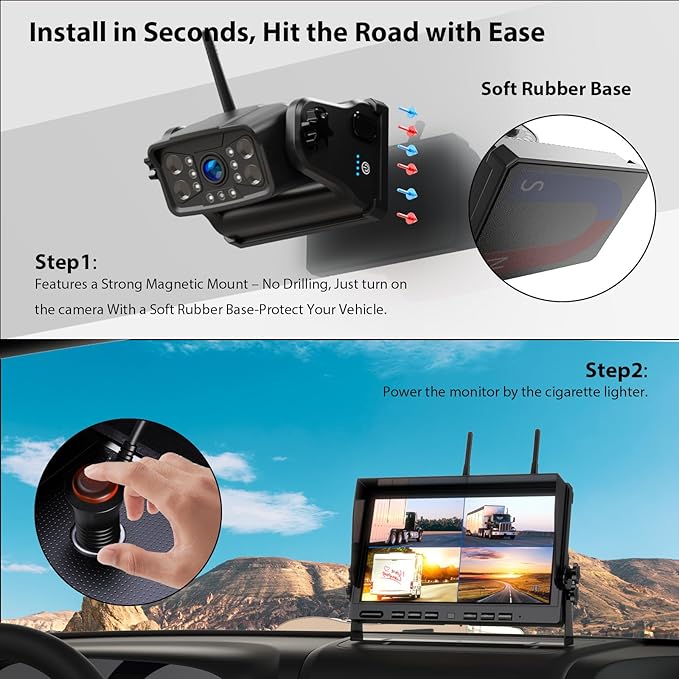 3 Magnetic Wireless Backup Camera with HD 1080P 10" DVR Monitor, 1-Rear View 2-Side View Cameras Wireless System for RV Trailer Trucks, Built-in 9600mAh Battery,Night Vision,Recording- ZEROXCLUB BC103-PawvioPets