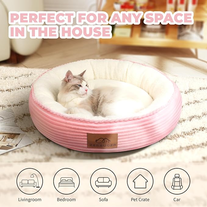23in Pink Round Cat Dog Bed for Large Medium Small Dogs Cats, Machine Washable Sleeping Sofa, Non-Slip Bottom Breathable Soft Calming Pet Cuddler for Indoor/Outdoor/Car/Cage-PawvioPets