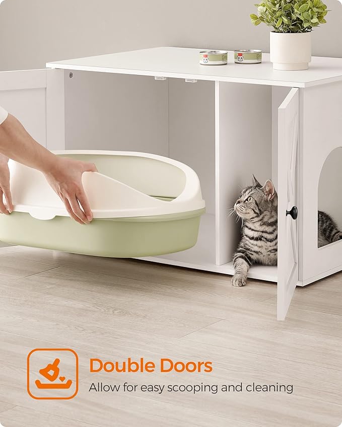 Feandrea Cat Litter Box Enclosure, Litter Box Furniture Hidden with Removable Divider, Indoor Cat House, End Table, 31.5 x 20.9 x 19.7 Inches, White UPCL002W01-PawvioPets