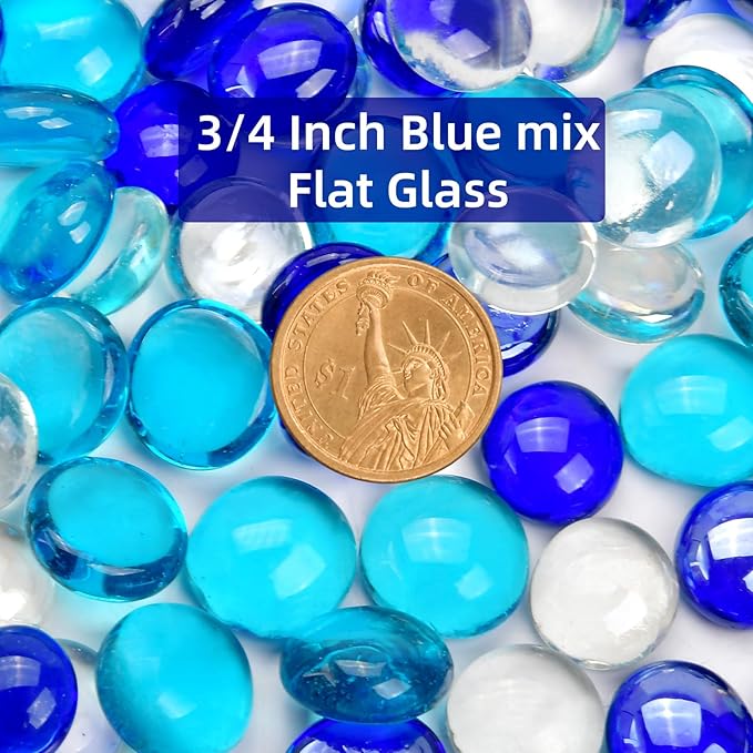 10LB Blue Mix Flat Glass Marbles for Vases, Mancala Stones Gemstone Beads Vase Filler Decorative Glass Pebbles for Fish Tank, DIY Crafts, Aquarium Decor Rocks-PawvioPets
