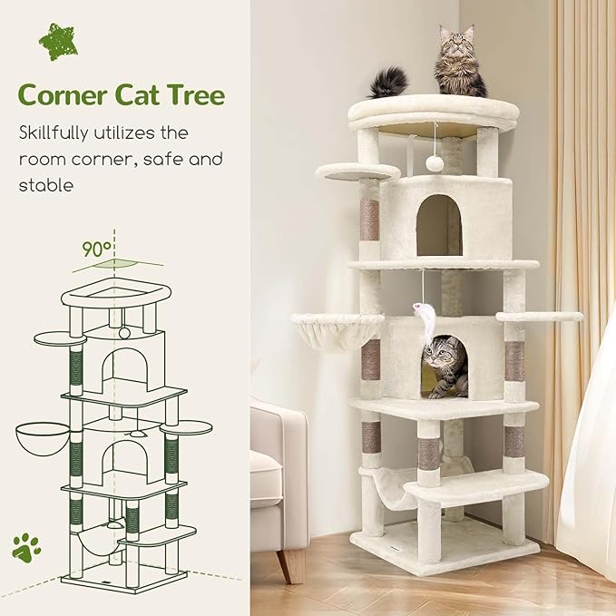 Globlazer Corner Cat Tree Tower for Large Cat, 66inch Tall Large Cat Tree Condo for Multiple Indoor Cats with 6 Scratching Posts, 2 Spacious Cat Condos, Soft Hammock, Hanging Basket, C66, Light Beige-PawvioPets