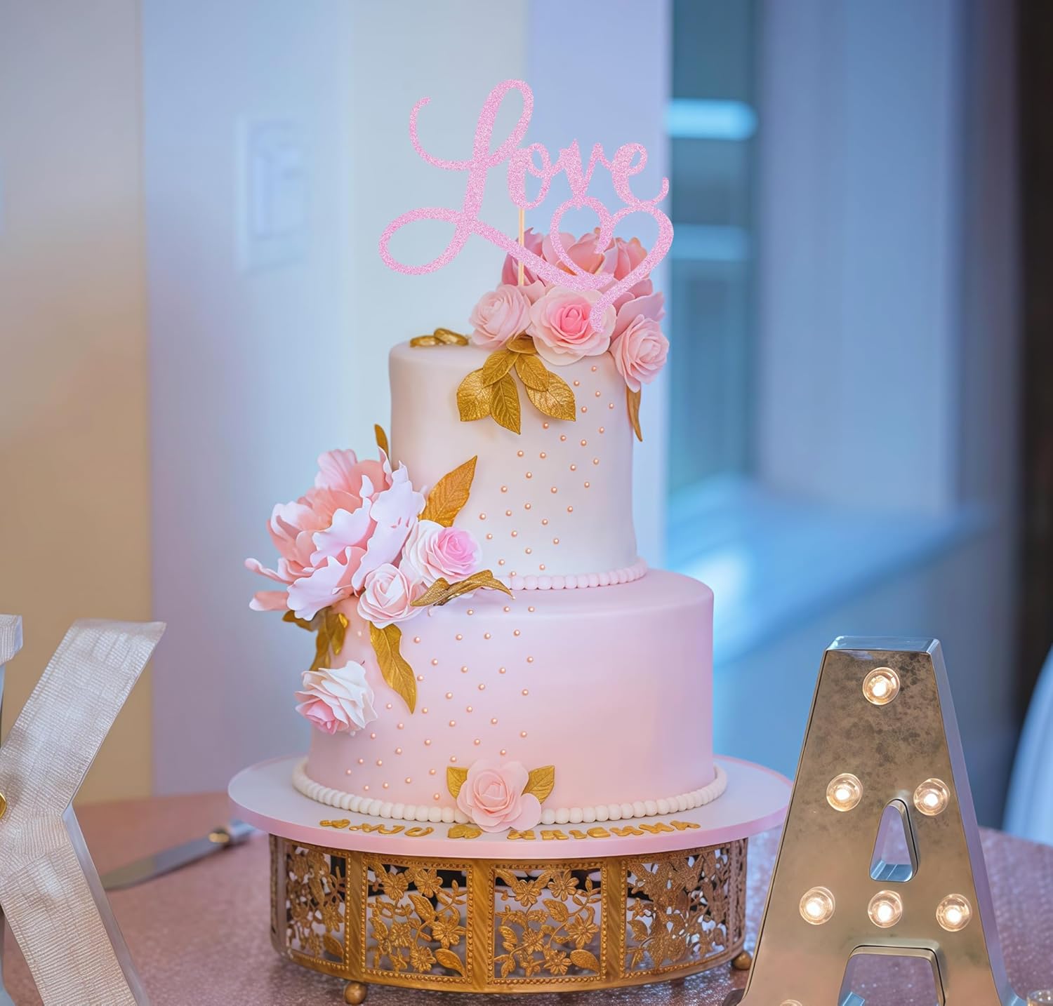 Love Cake Topper - Pink Glitter Paper Wedding Cake Decoration Supplies, Perfect for Bridal Shower/Engagement/Anniversary/Birthday Party