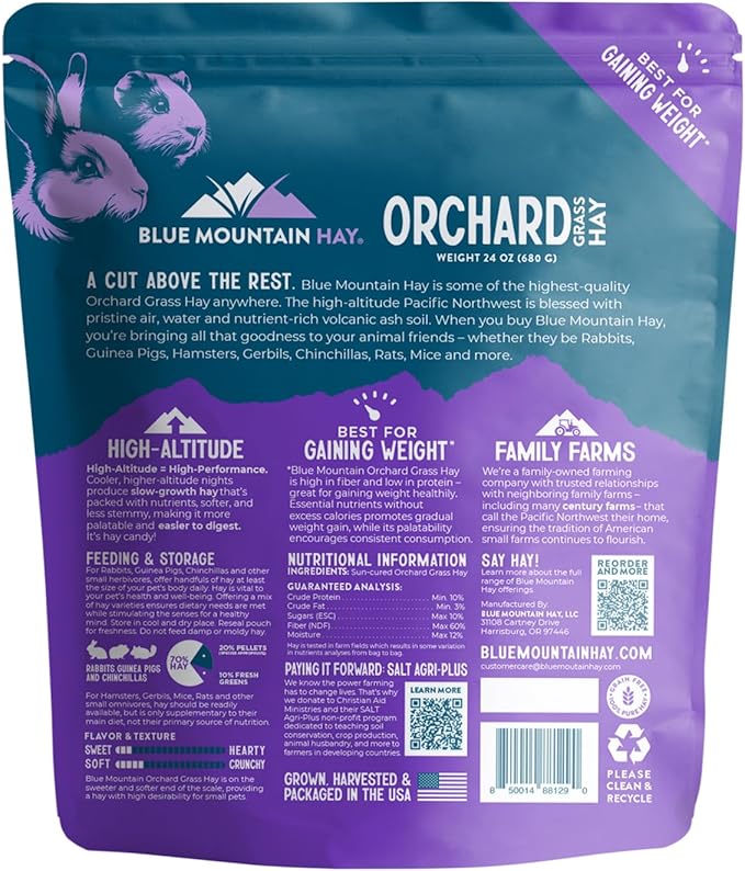 Blue Mountain Hay | Fresh Orchard Grass Hay (24 Ounce) | High Fiber, Soft & Leafy | High-Altitude Hay Pet Food for Rabbits, Guinea Pigs, Chinchillas, Hamsters, and Other Small Pets-PawvioPets