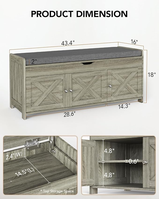 Amada Shoe Bench, Entryway Bench with Cushioned Seat & Lift Top Storage, 3 Doors, Adjustable Shelf, 300 lbs Capacity, Storage Bench with Shoe Rack for Entryway, Bedroom, Living Room, Gray-PawvioPets