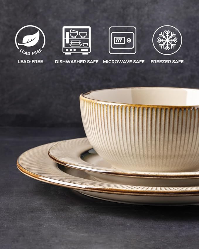 GBHOME Ceramic Dinnerware Sets,12 pcs Embossed Elegant Stoneware Plates and Bowls Sets, Housewarming Wedding Gift | Dishwasher & Microwave Safe | Dishes Set Service for 4-PawvioPets