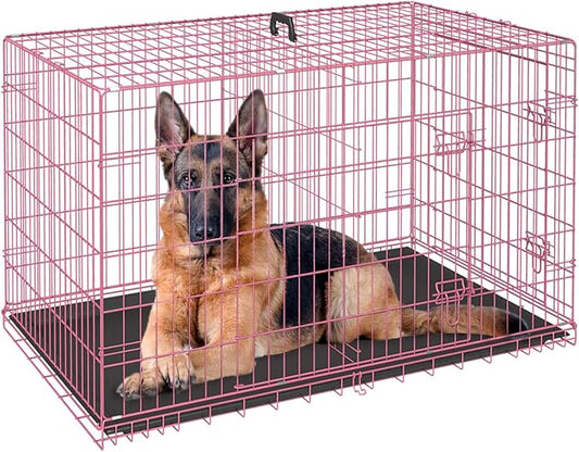 FDW Dog Crate for Large Dogs 48 Inch Folding Metal WirePet Cage Double Door W/Divider Panel Indoor Outdoor Kennel Leak-Proof Plastic Tray,Pink-PawvioPets
