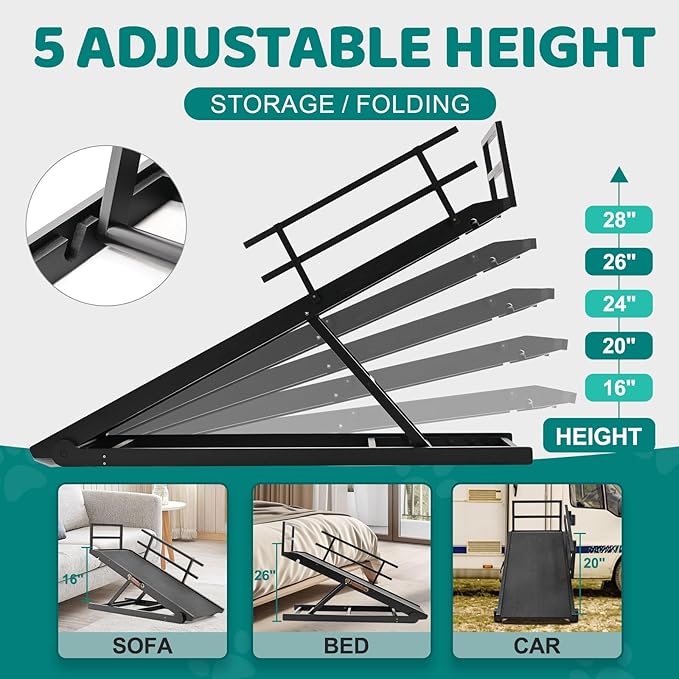 Dog Ramp for Bed, Adjustable Pet Ramps for Dog to Get on Bed, Non-Slip Rubber Surface - Folding Wooden Dog Ramp for Small/Large/Old Dogs, Adjustable up to 27.5 inch High Beds, Safety Railings-PawvioPets