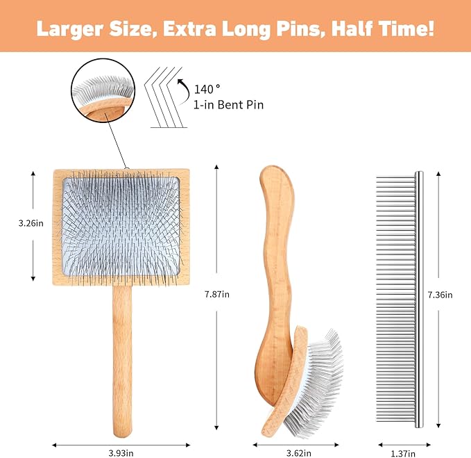 Dog Slicker Brush for Shedding and Grooming Medium or Long Haired Cats, Extra Long & Soft Pin Slicker Brush for Removes Loose Hair, Tangles, Knots, Undercoat, Free Pet Comb, Large, Oak-PawvioPets