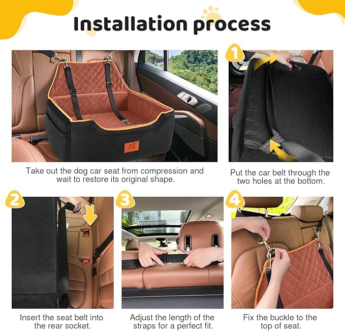 Dog Car Seat for Large/Medium Dog, Booster Seat for Dogs Under 55Lbs or 2 Small, Detachable and Washable Travel Pet Seat with Thick Cushion and Storage Pockets (Black/Brown)-PawvioPets