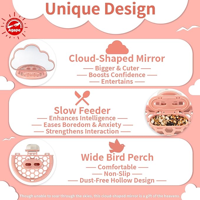 Agape Bird Mirror for Cage， Bird Toys with Perch and Slow Feeder to Expend Energy, Small Parrot Swing, Interactive Toys for Cockatiel, Lovebird, Parakeet, Conure, Finch, and Budgies-PawvioPets