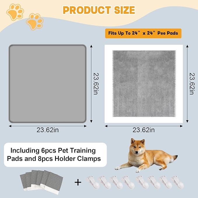 Dog Pee Pad Holder, Puppy Pad Holder Tray for 24'' x 24'' Training Pads, 15pcs Dog Potty Tray Set Include High Edge Silicone Mat & 6 Activated Charcoal Disposable Puppy Pads & 8 Holder Clamps-PawvioPets