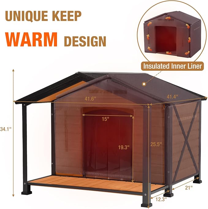 Extra Large Dog House Outdoor & Indoor, Insulated Liner Dog Kennel Weatherproof for Winter, 6 Sides All-Round Foam with Strong Metal Chew Proof Frame, for Small Medium Large Dogs-PawvioPets