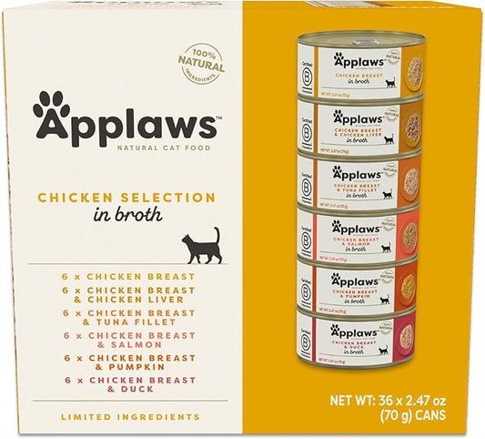 Applaws Natural Wet Cat Food in Broth, Limited Ingredient Canned Wet Cat Food, No Additives, Made with Natural Ingredients, Chicken Selection in Broth Cans (36 x 2.47oz Cans)-PawvioPets