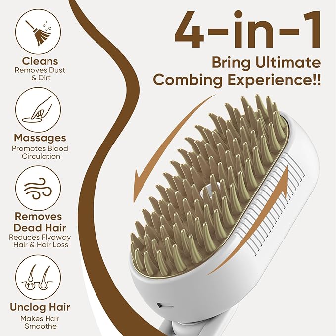 4-in-1 Cat Steam Brush for shedding – Self-Cleaning Comb for Long and Short Hair Cats and Dogs, Steam Pet Brush for Hair Removal, Vibrating Message, Grooming & Relaxation (White)-PawvioPets