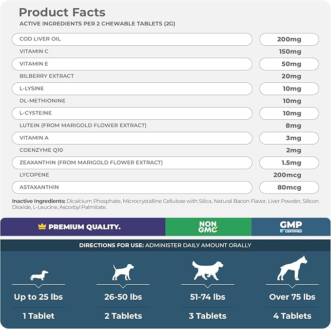 Eye Support for Dogs - 120 Chewable Tablets - Supplements for Vision, Eye Vitamins for Dogs, with Cod Liver Oil Antioxidant, Omega 3 EPA and DHA Fatty Acids.-PawvioPets