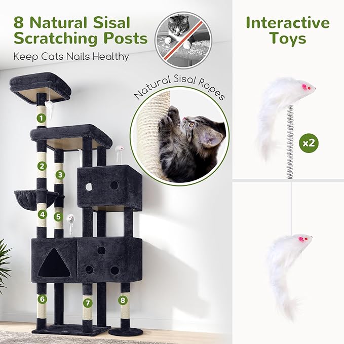 Globlazer Extra Large Cat Tower, 81-inch Tall Cat Tree for Big Cats 20 lbs, XXL Heavy Duty Cat Scratching Tower for Indoor Adult Cats with 3 Cat Condos, 8 Scratching Posts, F81, Dark Grey-PawvioPets