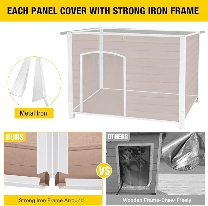Dog House Outdoor & Indoor Wooden Dog Kennel for Winter with Raised Feet Weatherproof for Small & Medium & Large Dogs,Unique All-Around Iron Frame，Light Brown-PawvioPets