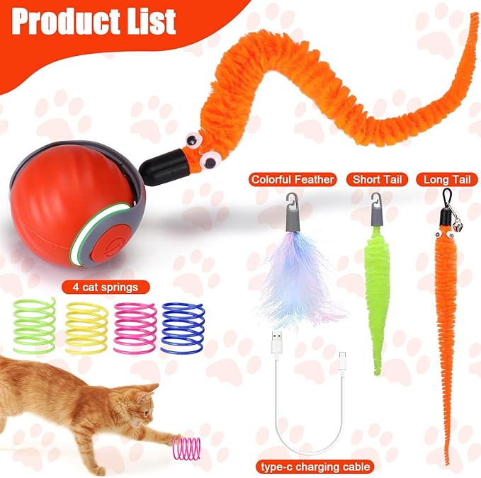 AIERSA Interactive Automatic Cat Toys for Indoor Adult Cats,Self Play Speed Tail Toy with 3 Tails and 4 Springs (Orange)-PawvioPets
