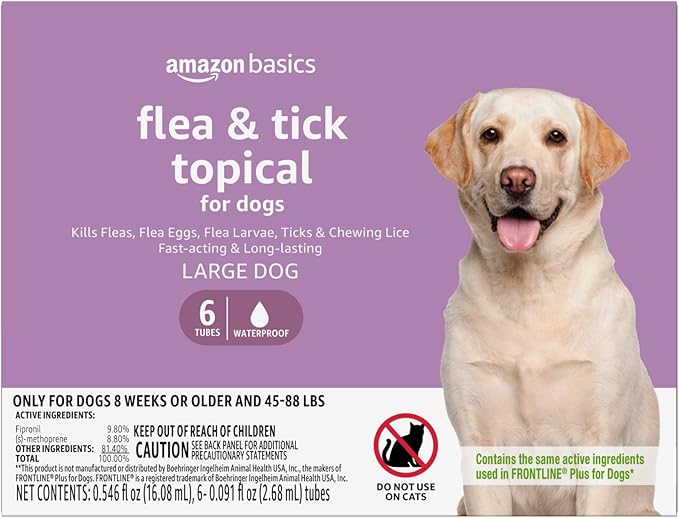 Amazon Basics Flea and Tick Topical Treatment for Large Dogs (45-88 lbs), Unscented, 6 Count (Previously Solimo)-PawvioPets