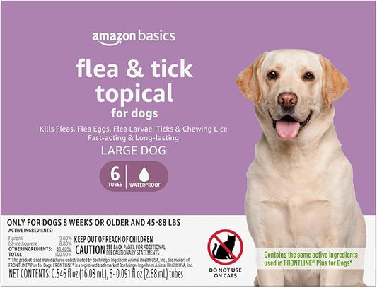 Amazon Basics Flea and Tick Topical Treatment for Large Dogs (45-88 lbs), Unscented, 6 Count (Previously Solimo)-PawvioPets