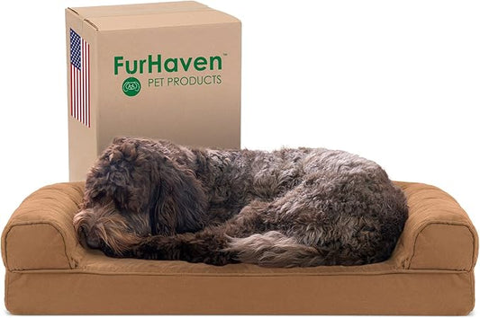 Furhaven Cooling Gel Dog Bed for Medium/Small Dogs w/ Removable Bolsters & Washable Cover, For Dogs Up to 35 lbs - Quilted Sofa - Toasted Brown, Medium-PawvioPets
