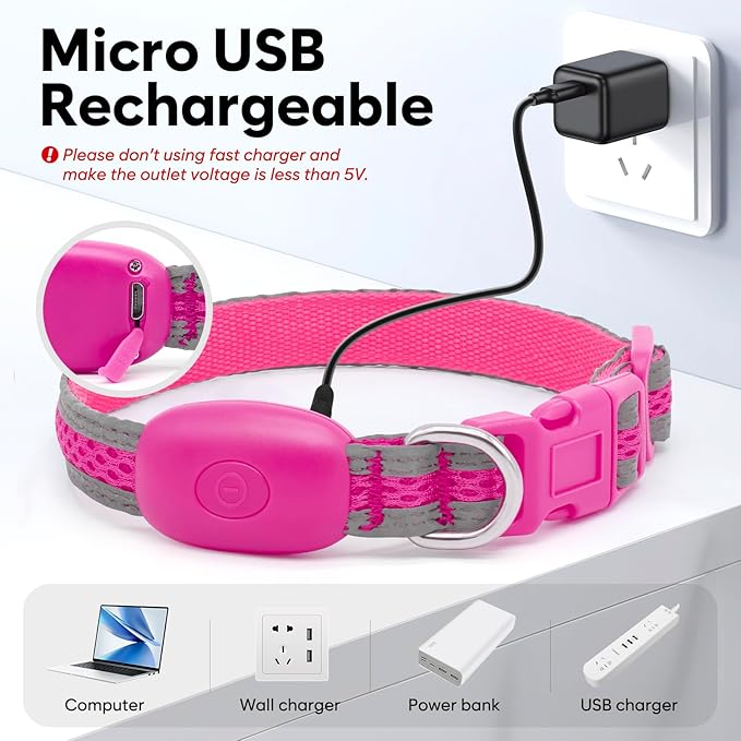 Flashseen LED Cat Collar,Light Up Dog Collar Rechargeable, Dog Lights for Night Walking, Comfortable Soft Mesh Pet Collar Adjustable for Cats Puppy and Small Dogs(Pink, XS)-PawvioPets