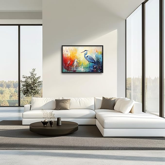 Extra Large Framed Abstract Heron Wall Art,Oversized Colorful Graffiti Heron Wall Decor Pictures for Living Room,Canvas Print Painting Modern Artwork Bedroom Office Bathroom Home Decor 36L x 24W-PawvioPets