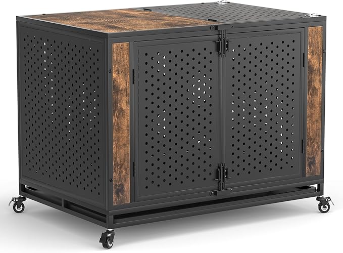 42" Heavy Duty Dog Crate Furniture for Large and Medium Dogs, Enclosed Design with 0.5 inch Holes, Indestructible Metal Kennel for High Anxiety Dogs, Chew Proof Pet House Cage Indoor, Brown-PawvioPets