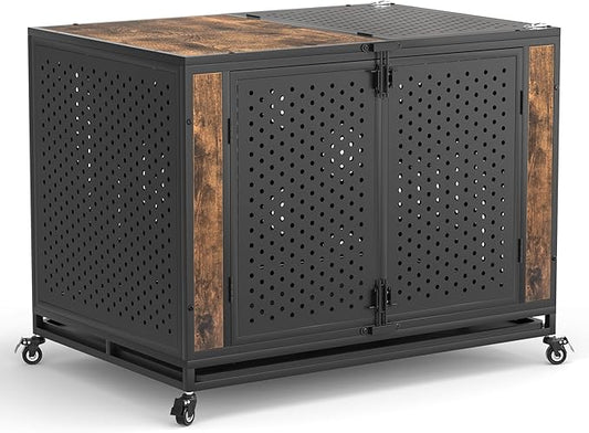 42" Heavy Duty Dog Crate Furniture for Large and Medium Dogs, Enclosed Design with 0.5 inch Holes, Indestructible Metal Kennel for High Anxiety Dogs, Chew Proof Pet House Cage Indoor, Brown-PawvioPets