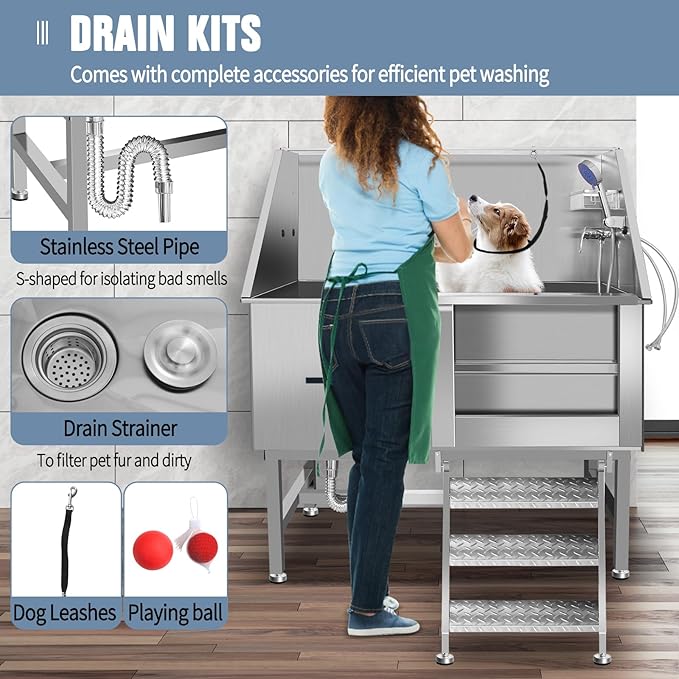 50" Pet Dog Bathing Station W/Ramp, Professional Stainless Steel Dog Grooming Tub W/Storage Drawer, Floor Grate, Faucet, Dog Bathtub for Large,Medium, Small Pets, Washing Sink for Home-PawvioPets