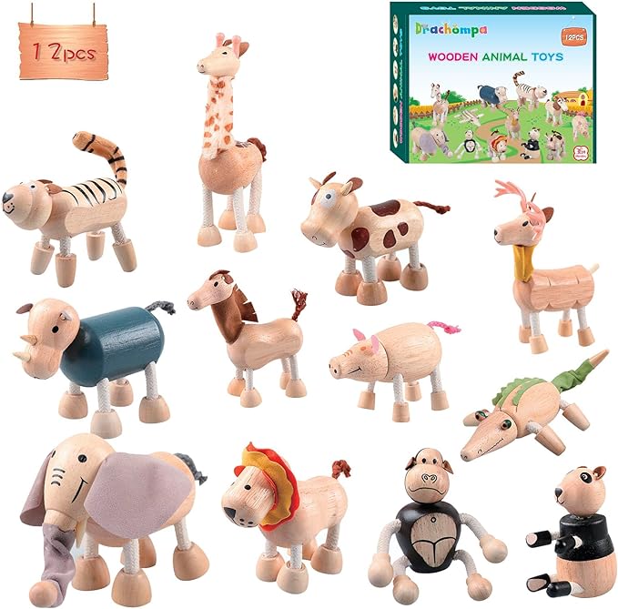 12PCS Bendable Wooden Animal Toys, Fun and Posable Animal Toys for Early Education, Smooth Natural Wood, Safari Farm Wood Animals Learning Toy for Kids-PawvioPets