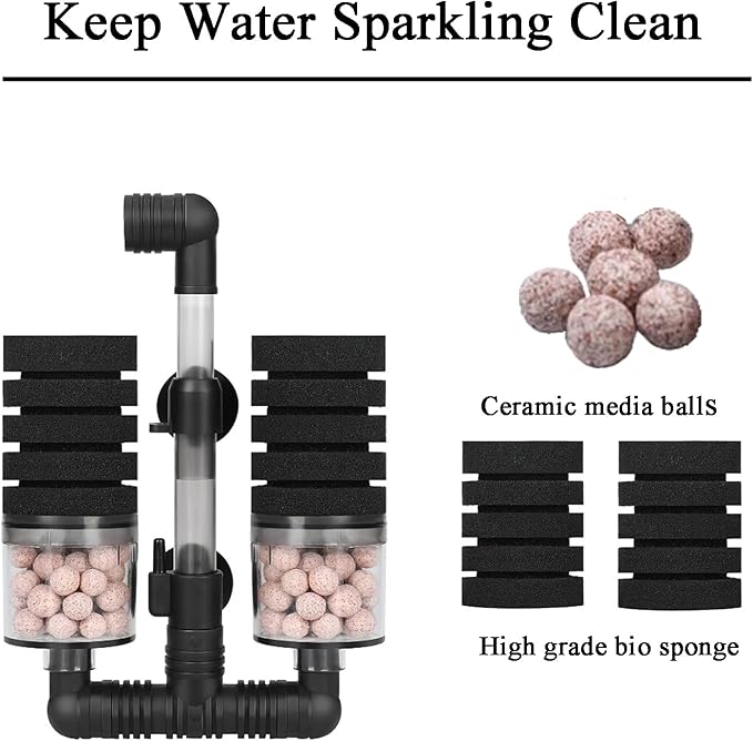 AQUANEAT Aquarium Air Powered Sponge Filter with Ceramic Media Balls, for Betta Fry Shrimp Fish Tank, with 2 Spare Sponges, Small-PawvioPets
