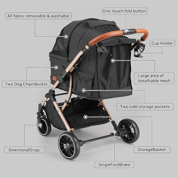 EchoSmile Small Medium Dogs Stroller 4-Wheel Pet Strollers for Medium Dogs Up to 50lbs, One Click Folding Large Cat Stroller, Reversible Handle, Shock Absorbing Wheels, Removable Washable Pad-PawvioPets